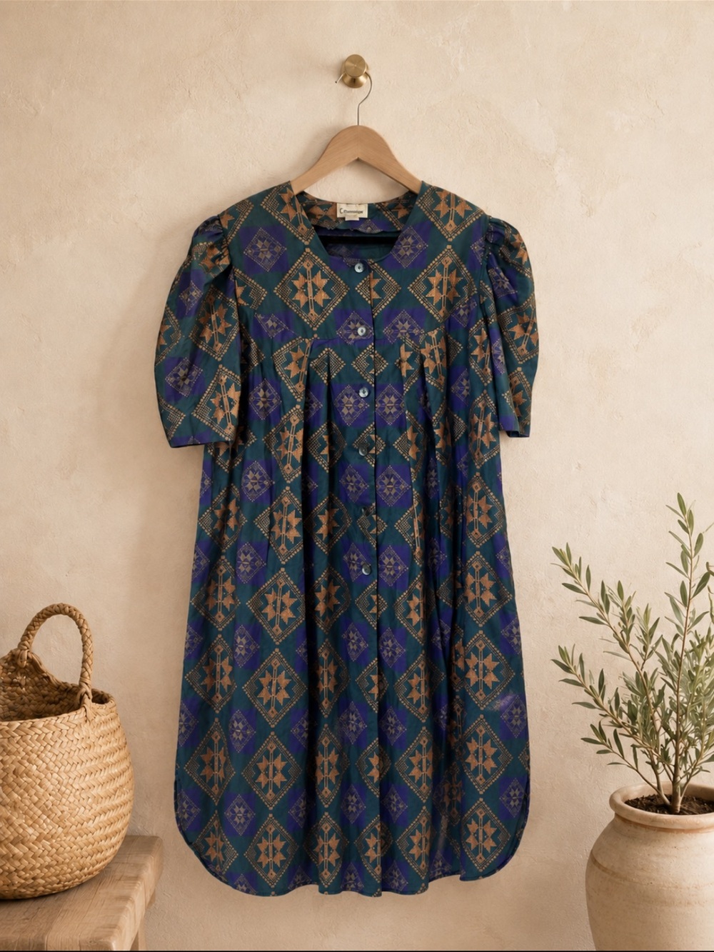 Vintage Esperanza Geometric Print Puff Sleeve Midi Dress Artsy Eclectic Dress L